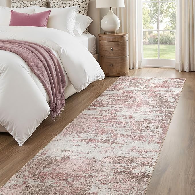 Area Rugs for Living Room: 3x14 Abstract Washable Rug Modern Neutral Large Soft Stain Resistant Non-Slip Backing Machine Table for Bedroom Dining Room Indoor Home Office Carpet - Pink