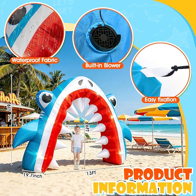 13FT Giant Shark Inflatable Arch Summer Decor for Pool Beach | Waterproof Shark Blow Up with Built-in 6 LED Lights and 1 Blower for Outdoor Luau Shark Birthday Party Yard Lawn Decoration