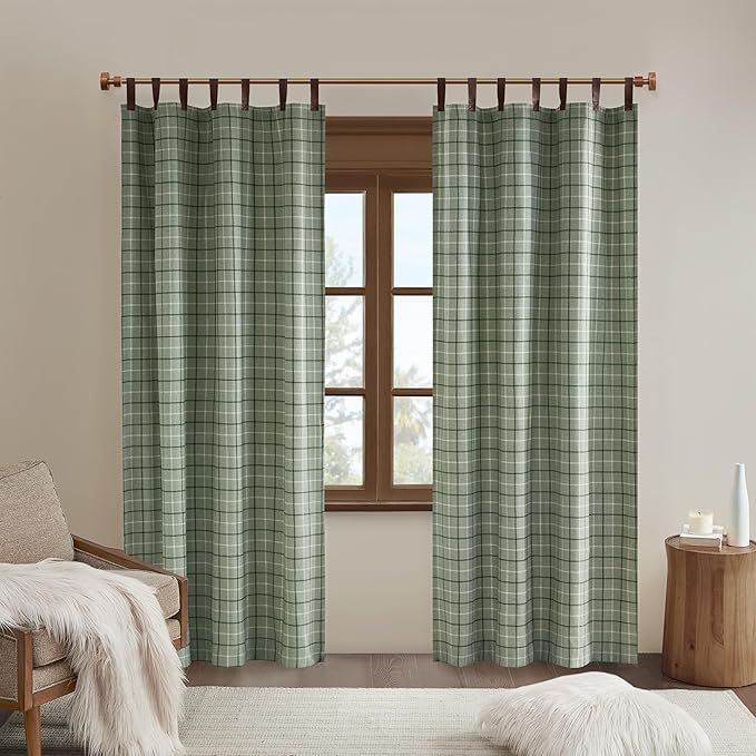 Madison Park Anaheim Cabin Plaid Curtain Window, Thermal Insulated Fleece Lining, Living Room Decor Room Darkening Drape for Bedroom, 1-Single Panel Pack, 50x84 Faux Leather Tab Top, Green