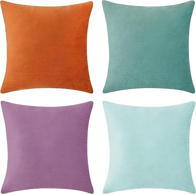 MONDAY MOOSE Decorative Throw Pillow Covers Cushion Cases, Set of 4 Soft Velvet Modern Designs, Mix and Match for Home Decor, Pillow Inserts Not Included (20x20 inch, Purple/Teal)
