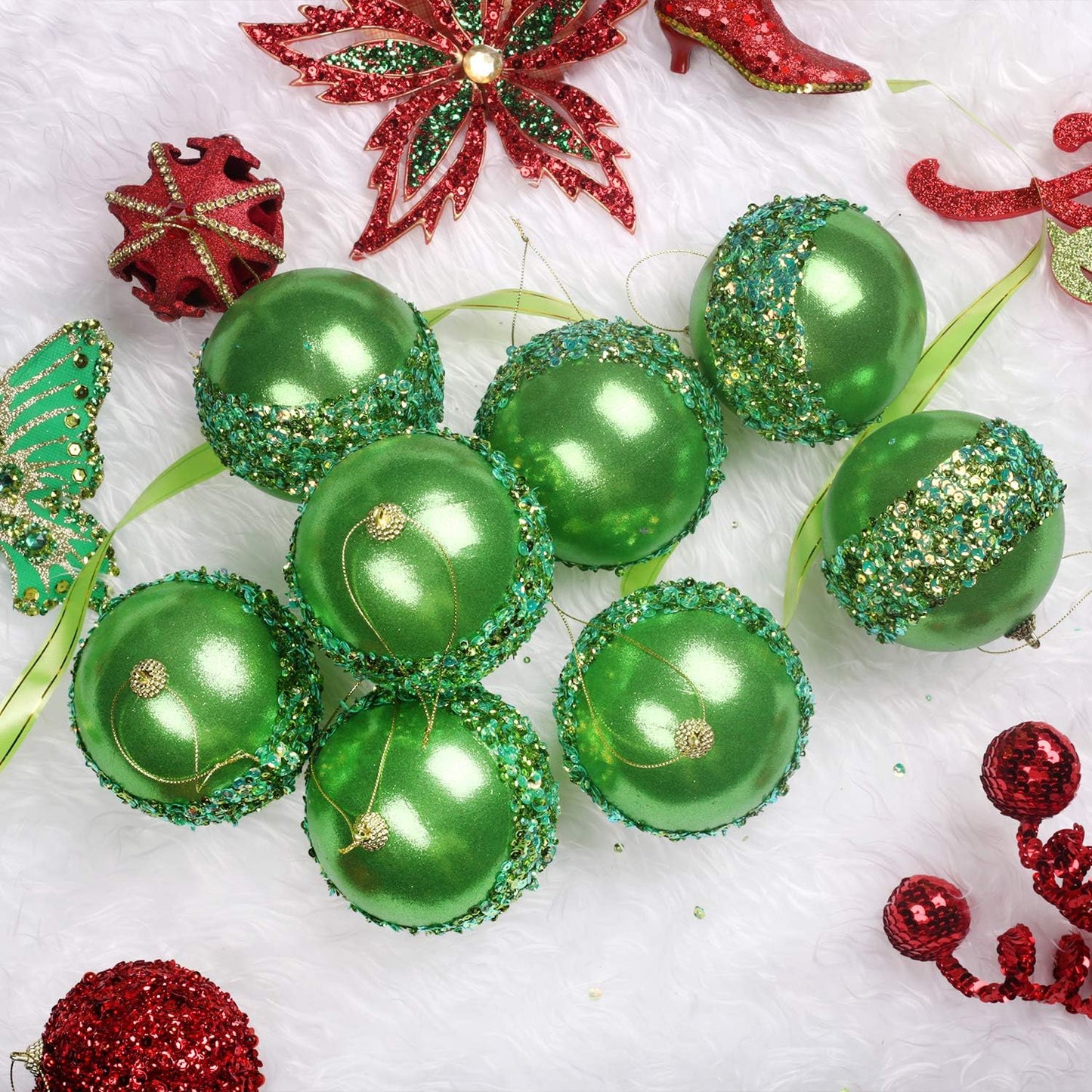 4" Christmas Ball Ornaments, 4pc Set Green Shatterproof Christmas Decorations Tree Balls for Xmas Trees Wedding Party Holiday Decorations