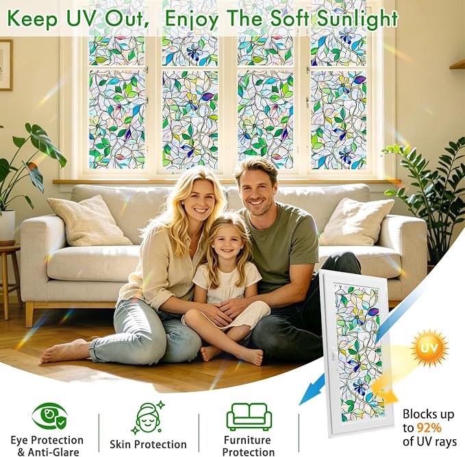 SOMWISE Rainbow Window Privacy Film,Heat Control,UV Blocking,Anti-Glare,Day & Night Privacy Protection & Decoration for Home, Bathroom,Glass Door,Static Cling,Renter-Friendly with Installation Tools