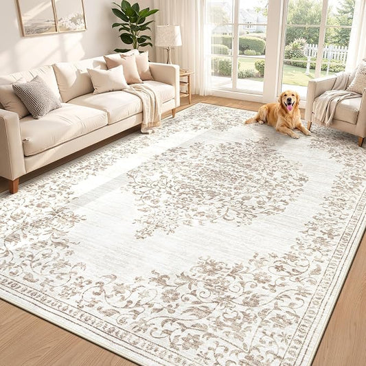 Area Rug 6x9 Vintage Rug: Washable Indoor Medallion Rugs Low Pile Distressed Floor Carpet Retro Accent Rug for Living Room Bedroom Kitchen Dining Table Home Office(Vintage Beige, 6'x9')