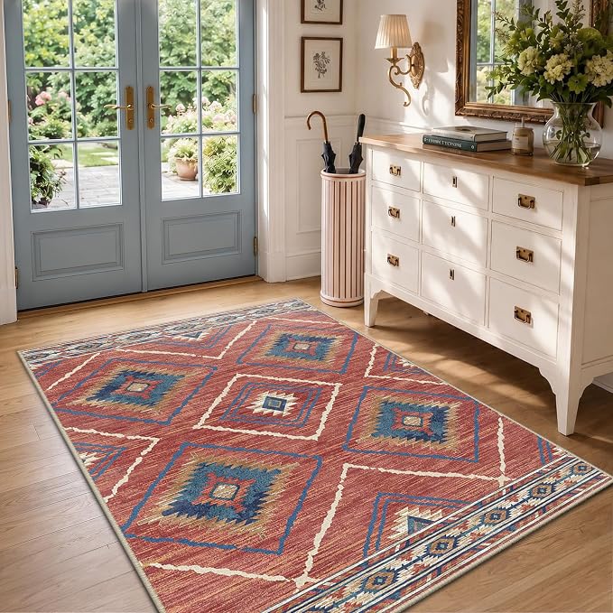 BESTSWEETIE Area Rug 3x5 Rug Machine Washable Non-Slip Low Pile Print Pattern Western Rug for Living Room Bedroom Entryway Tribal Series -Red/Orange