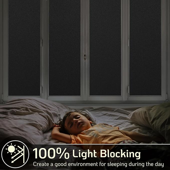 LUTE Blackout Window Film, Sun Light Blocking Frosted Privacy Cling for Glass, Darkening Window Tint for Day Sleep Black Out Shades, UV Blocking Static Cling Blackout Cover， 23.6" x 157.4"