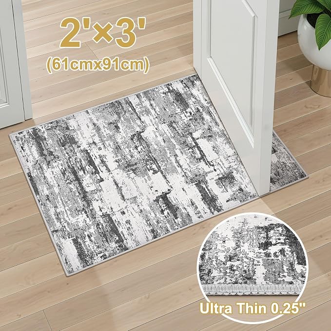 Washable Area Rugs: 2x3 Abstract Modern Soft Stain Resistant Non-Slip Backing for Living Room Entryway Bedroom Nursery - Black Grey