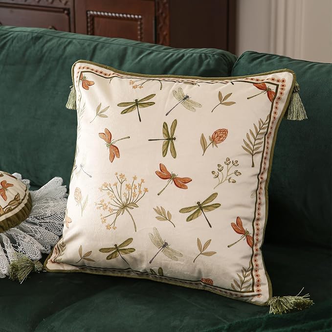 ISAENNE Designer Vintage Velvet Throw Pillow Cover,18"x18"-Grace B | Pillow Cover,Concealed Zipper Design,Dragonfly Pattern,Sofas,Bedroom,Living Room,Lounge Chairs,All Season Home Decor