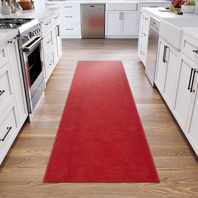 Ottomanson 2'7" x 19' Ultra-Thin Hallway Runner Rug - Durable Non-Slip Carpet for High-Traffic Areas - Fits Under Doors for Seamless Entry - Ideal for Kitchen, Entryway, Bedroom & Living Room, Red