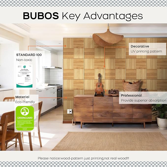 BUBOS 6 Pack Acoustic Wall Panels - High-Density Polyester Sound Absorbing Panels, Decorative Wood Print Treatment for Recording Studio & Home Office, Peel and Stick, 23.6" x 23.6"