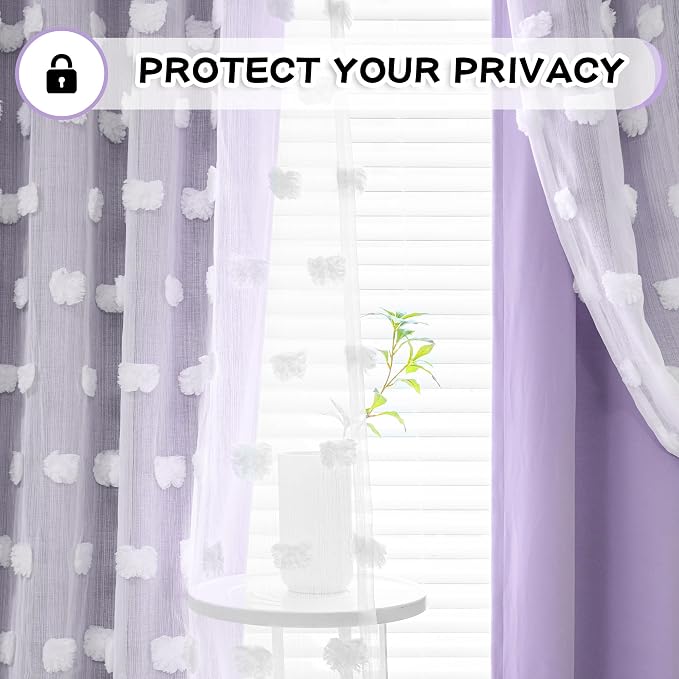 MYSKY HOME Lilac Curtains for Girls Bedroom Kids Curtain 54 Inches Length White Pom Pom Sheer Small Window Curtains 2 Panels Double Layer Curtains Grommet Room Darkening Nursery Curtains, W52 X L54
