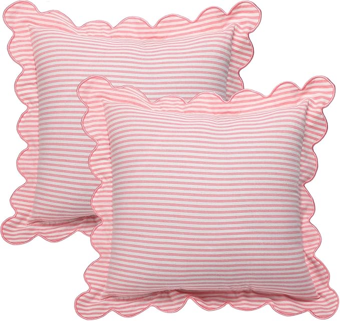 Newwiee 2 Pack Scalloped Pillow Cover 18 x 18 Inch Stripe Throw Pillow Cover Cotton Decorative Pillowcase for Women Men Couch Living Room Cushion Indoor Outdoor Decoration(Pink, Scalloped)