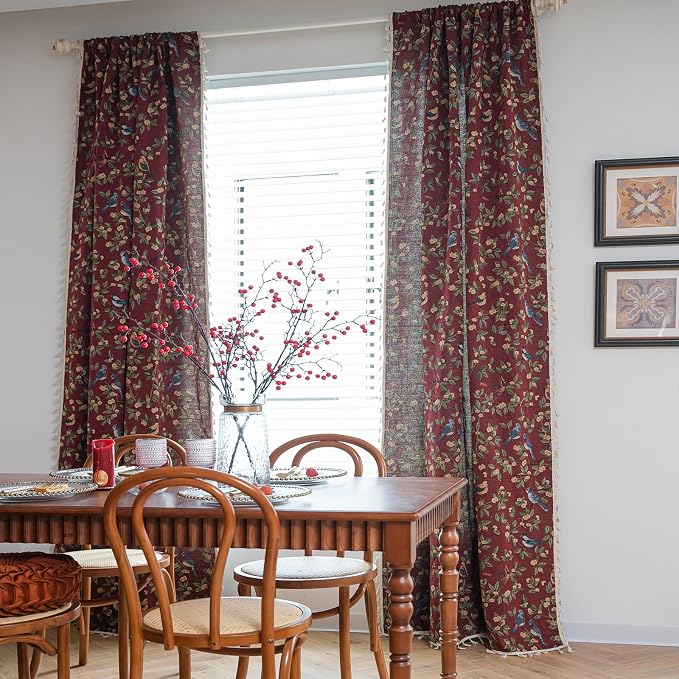 ENJOYBRIDAL Floral 84 Inch Curtains for Living Room Maroon Drapes Bird Pattern Jacquard Rod Pocket Window Curtain Panels Bedroom Farmhouse Decor Boho Tassel Semi Blackout 2 Panels Window Treatments