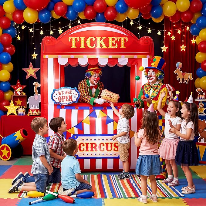 Soulchen 6 x 5 ft Inflatable Circus Ticket Booth Decor with Built in LEDs Lighted and Air Blower, Carnival Party Decoration Blow up Giant Events Birthday Photo Props
