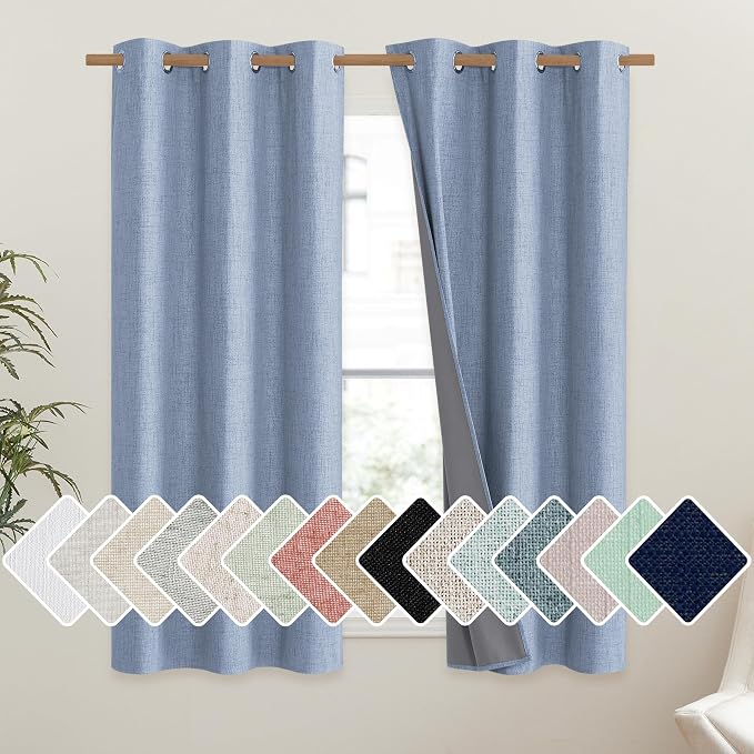 NICETOWN Stone Blue Vintage Linen 100% Blackout Curtains for Dining Room, Thermal Insulated Curtains 54" Long, Noise Reducing Window Treatment Drapes for Kitchen, 42" Wide Per Panel, Set of 2