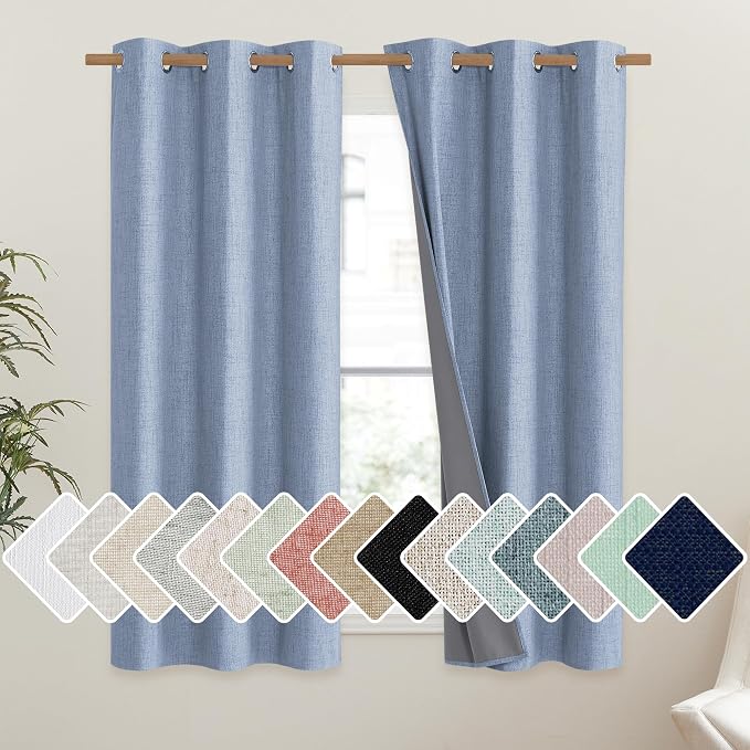 NICETOWN Stone Blue Vintage Linen 100% Blackout Curtains for Dining Room, Thermal Insulated Curtains 45" Long, Noise Reducing Window Treatment Drapes for Kitchen, 42" Wide Per Panel, Set of 2