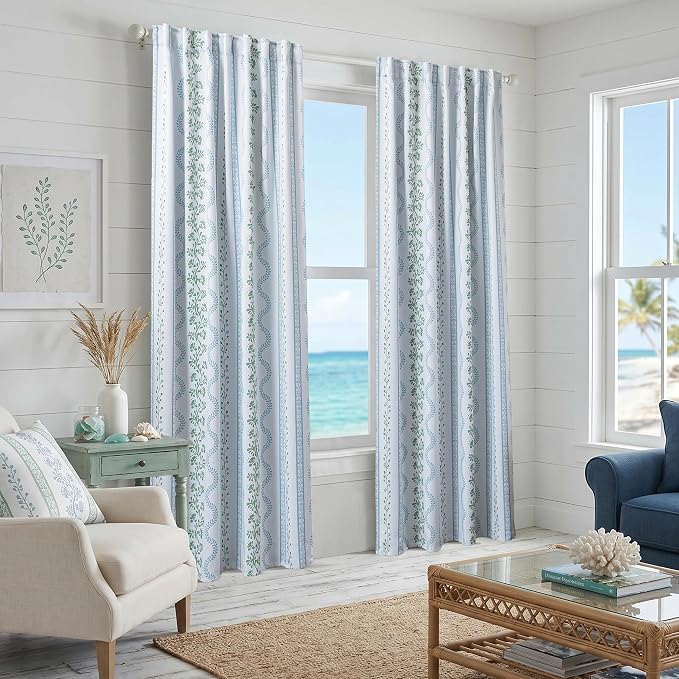 Light Blue and White Floral Blackout Curtains, French Country Cottage Core Green Scalloped Thermal Insulated Drape for Summer Heat, Grand Millenial Coastal Curtain for Living Room Bedroom 84 Inch Long
