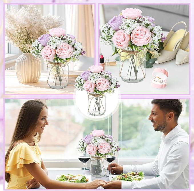 Zeyune 12 Sets Mason Jar Centerpiece Table Decorations, Artificial Peony Baby's Breath Flower Bouquets, Faux Flowers with Vase, Rustic Decor Gifts for Home, Wedding, Holiday (Purple,Pink)