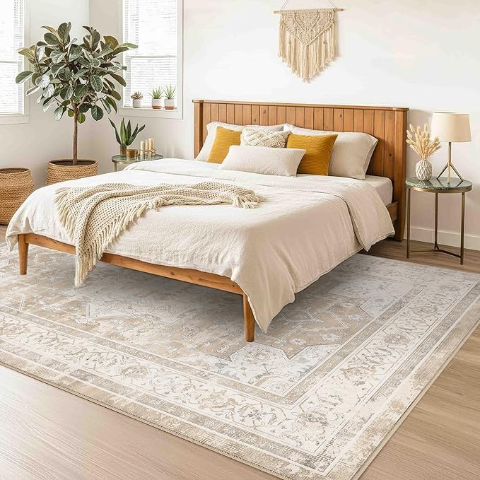 3x5 Area Rug for Living Room-Vintage Farmhouse Boho Floral Neutral Washable Stain Resistant Indoor Carpet for Bedroom Office and Home Decor(Beige&Brown)