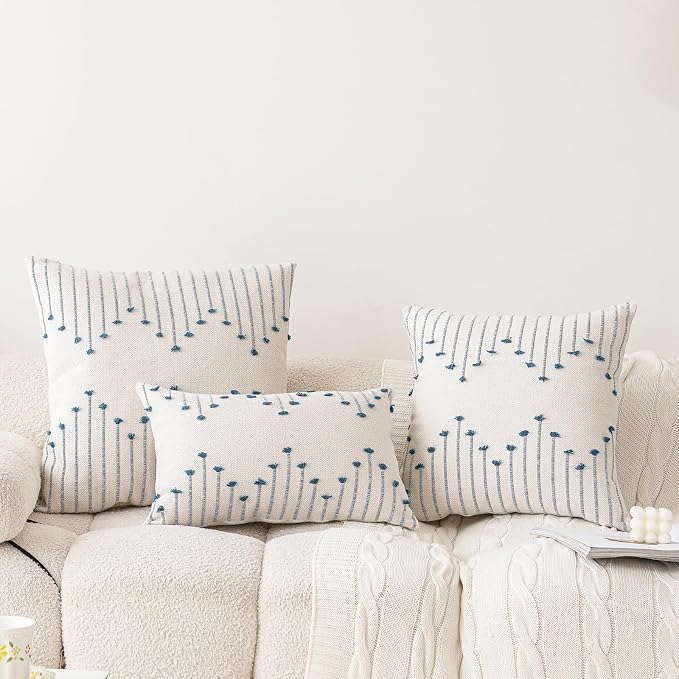 LILEPOY Boho Throw Pillow Covers 12x20 Set of 2 Neutral Decorative Textured Cushion Case Farmhouse Pillowcase Modern Lumbar Pillow Covers for Sofa,Couch, Living Room,Beige and Blue