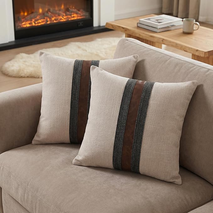 Set of 2 Leather Throw Pillow Covers Cotton Linen Decor Patchwork Pillow Cover Faux Leather Pillows Cover for Couch Sofa Living Room Bedroom,Beige 18"x18"