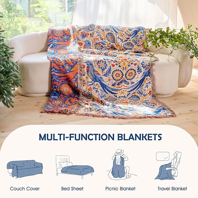 Boho Throw Blanket - 100% Cotton Ultra Soft Muslin Spring Blanket, 50"x60" Lightweight Floral Bird Framhouse Bedding Blanket for Bed, All Season Blue Bohemian Bedroom Home Decor Quilt