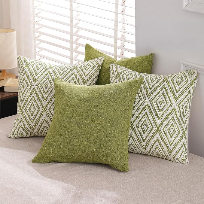 HPUK Throw Pillow Covers 18x18 Inch Set of 4, Linen Decorative Pillow Covers, Accent Cushion Covers for Couch Sofa Bed Bedroom Living Room Décor, Green