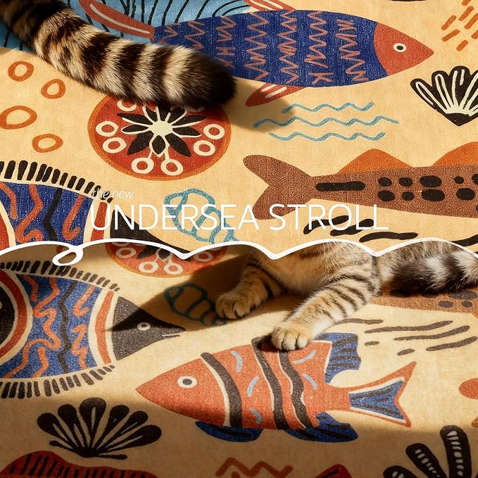 jinchan 5x7 Coastal Area Rug Kids Washable Fun Rug Colorful Ocean Fish Indoor Floor Cover Non Slip Lightweight Soft Cozy Carpet for Bedroom Nursery Playroom Daycare Living Room, Tan