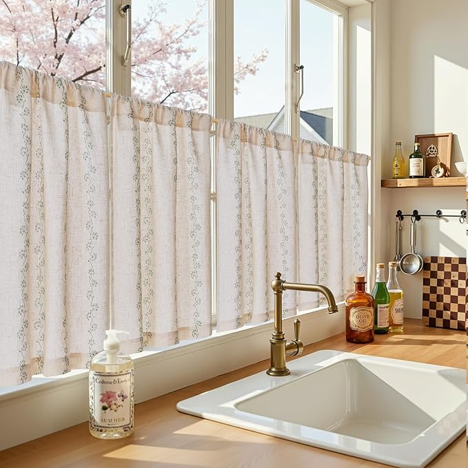 jinchan Katy Linen Floral Kitchen Curtains 30 Inches Length Stripe Cafe Curtains Farmhouse Cottagecore Tier Small Window Drapes for Living Room Light Filtering Rod Pocket 2 Panels Sage Green on Linen