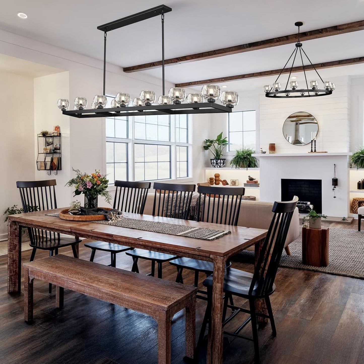 72 Inch Black Rectangle Wagon Wheel Chandeliers, Chandelier for Dining Room Over Table, Modern Crystal Long Chandelier for High Ceiling, Farmhouse Large Linear Chandeliers for Kitchen Island