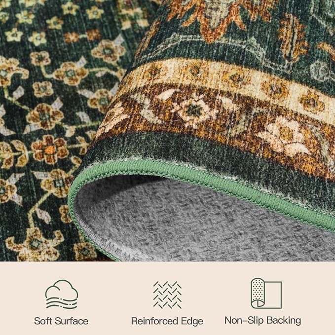 Lofus 5x7 Washable Green Area Rug for Living Room Bedroom Non-Slip Low Pile | Soft Boho Vintage Area Rugs for Bedroom Dinning Room Home Office Indoor