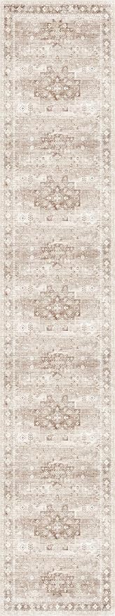 Hazo Haus Beige Boho 3x16 Extra Long Runner Rug for Hallway, Washable Large Kitchen Floor Rug, Non-Slip Stain & Fade Resistant, Vintage Charming Geometric Floral Décor (3x16 Beige/Latte)