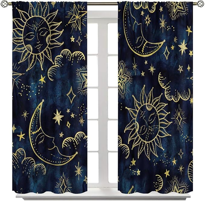 Boho Sun Moon Blackout Window Curtains, Bohemia Theme Sun Moon Stars Print Pattern Rod Pocket Window Drapes, for Living Room Bedroom 42x63in 2 Panels