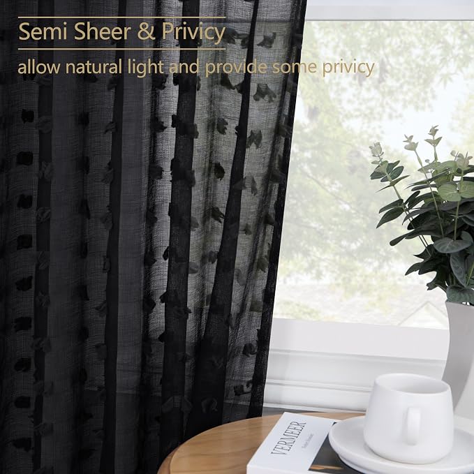 Black Sheer Curtains 84 Inches Long for Bedroom Living Dining Room Back Tab Pom Pom Semi Voile Curtains for Home Office Decor Modern Chic Fashion Elegant Window Treatment Panels W52 x L84 Set of 2