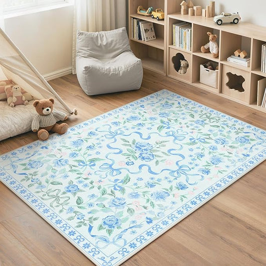 GENIMO 3X5 Washable Vintage Area Rugs for Living Room, Non-Slip Low Pile Chenille Print Rug, Soft Rugs for Bedroom Dining Room Home Office, Pastel Blue