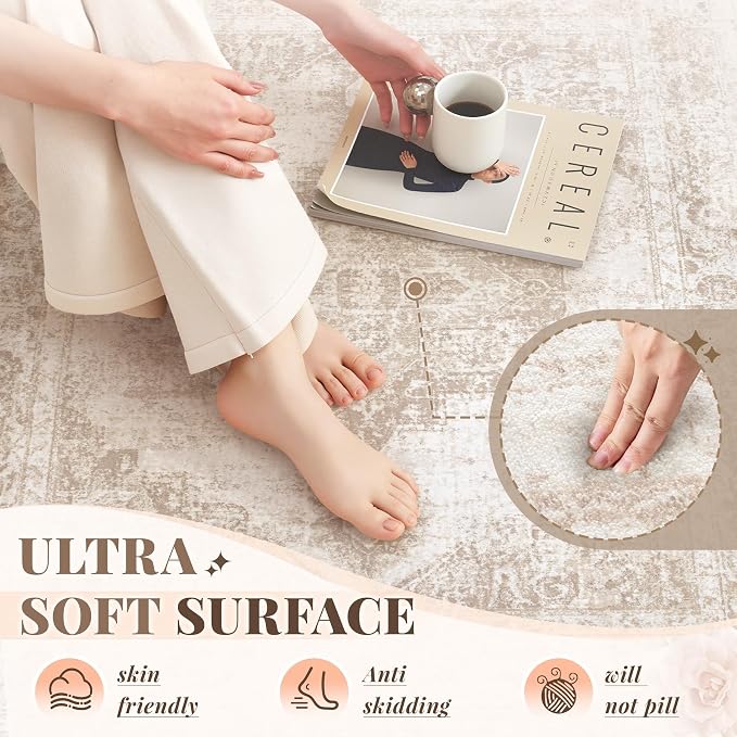 Area Rug 2x8 Runner Rug: Washable Vintage Hallway Rugs Indoor Medallion Rug Low Pile Distressed Floor Carpet Retro Accent Rugs for Kitchen Bedroom Bathroom Dining Room(Beige, 2'x8')