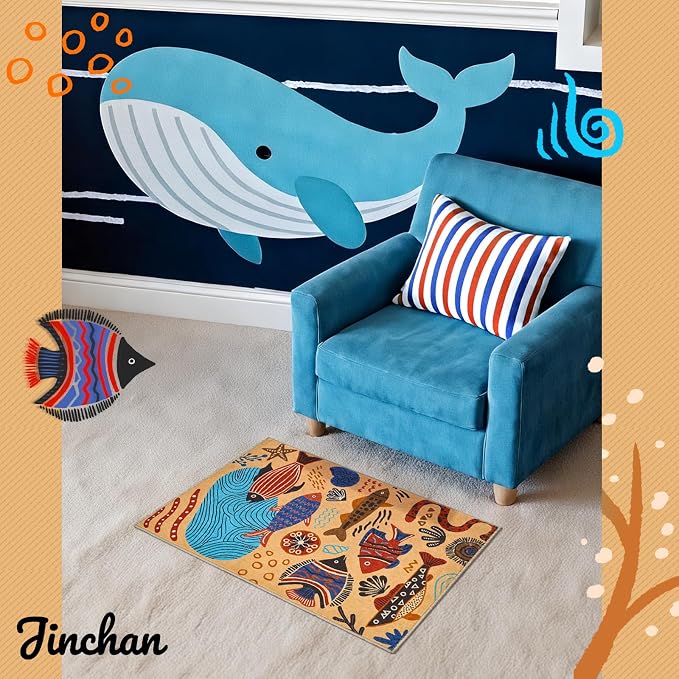 jinchan 2x3 Coastal Area Rug Kids Washable Fun Rug Colorful Ocean Fish Small Mat Non Slip Doormat Lightweight Soft Cozy Throw Carpet for Entryway Nursery Playroom Bedside Dorm Bathroom, Tan