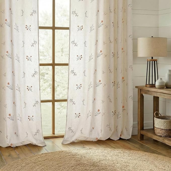 Floral Embroidered Linen Blend Curtains for Bedroom, 96 Inch Light Filtering Spring Farmhouse Vintage Drapes Beige Flower Window Treatments for Living Room Rod Pocket, Set of 2 Panels