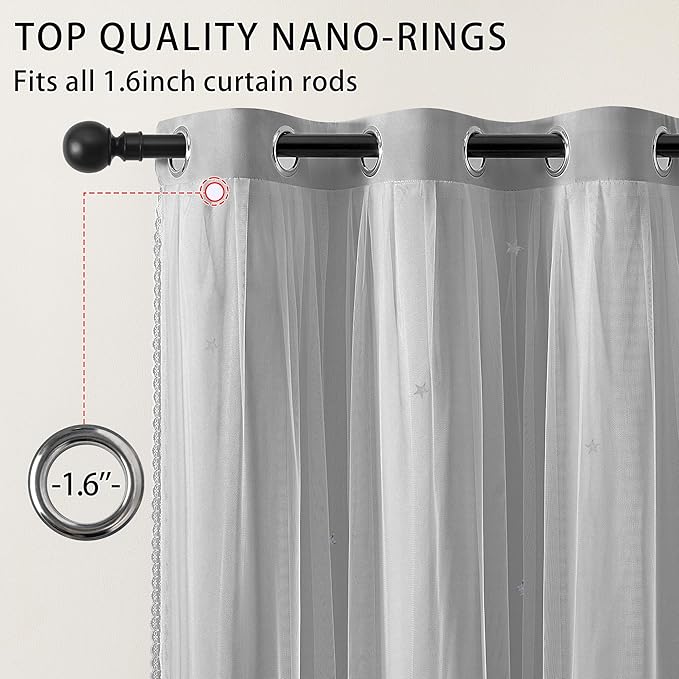 XiDi Light Grey Sheer Curtains, Black Out Window Panels for Bedroom Kids Room Decor 90 inches Wide 1 Panel