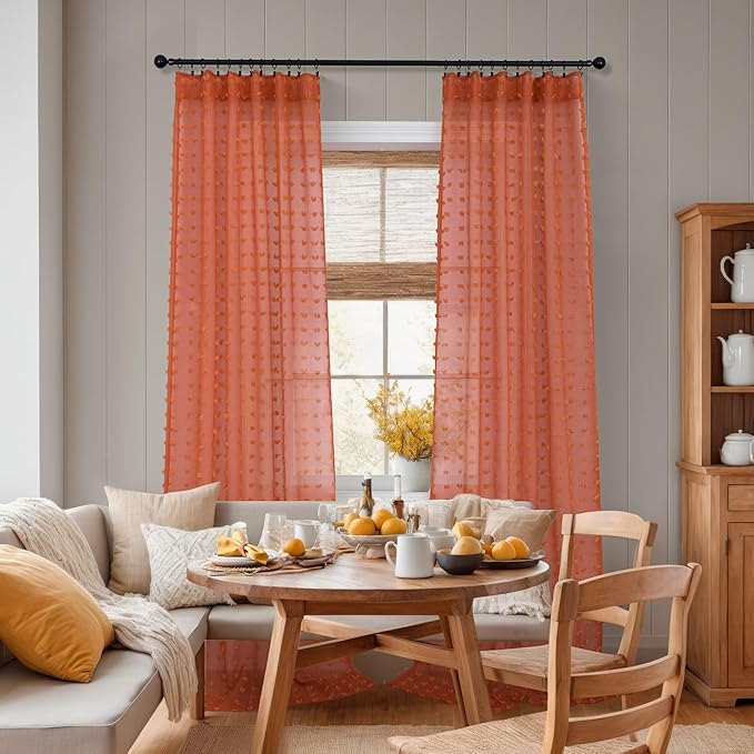 Burnt Orange Sheer Curtains 84 Inches Long Terracotta Curtains for Living Dining Room Bedroom 2 Panels Back Tab Boho Farmhouse Style Pom Pom Tufted Window Drapes Semi Sheer Fall Decor Curtain 52x84