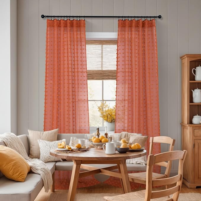 Terracotta Rust Sheer Curtains 90 Inches Long for Bedroom 2 Panels Set Rustic Boho Farmhouse Textured Pom Pom Sheer Curtains Drapes Burnt Orange Curtain Panles for Living Room Back Tab 52x90 Inch
