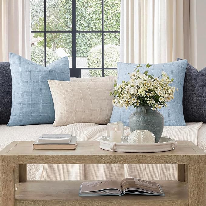 Foindtower Set of 2 Decorative Linen Check Throw Pillow Covers Neutral Farmhouse Vintage Cushion Covers Modern Boho Accent Home Decor for Sofa Chair Couch Bedroom Living Room,16×16 Inch,Sky Blue