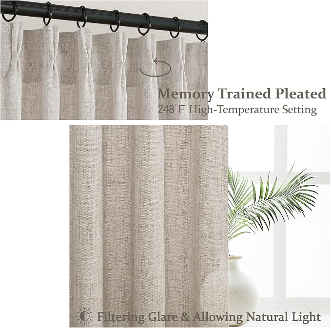 Greyish Brown Thick Linen 104 Inch High Ceiling Curtains for Classroom, Memory Shape Pinch Pleated Semi Sheer Light Filtering Curtain Privacy Elegant Windows Drapes 2 Panels Set with Hooks & Rings