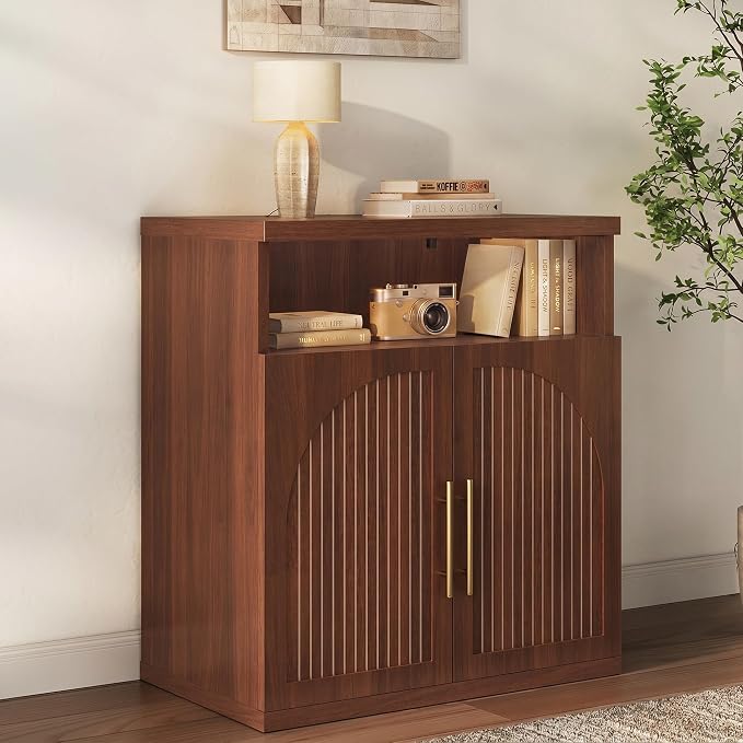 Fluted Buffet Cabinet with Storage, 31.5" Wide Wood Sideboard Credenza with Open Storage Shelf & Adjustable Shelves, Modern Kitchen Entryway Accent Table for Dining Room Living Room Hallway, Walnut