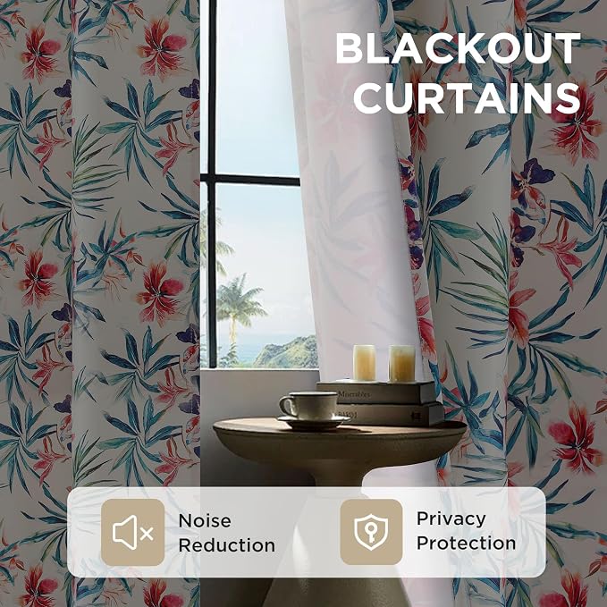 Joydeco Printed Curtains 84 inches Long,Pink Floral Blackout Curtains for Living Room 2 Panels,52 x 84 inch Rod Pocket Thermal Insulated Bohemian Drapes for Farmhouse,Bedroom,White