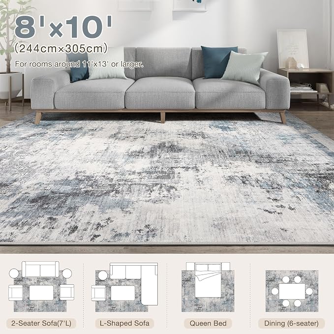 Abstract 8x10 Area Rug: Machine Washable Non Slip Ultra Thin Low-Pile Carpet, Soft Stain Resistant for Living Dining Room Bedroom, Kid Pet Friendly, Robot Vacuum Compatible - Grey Blue