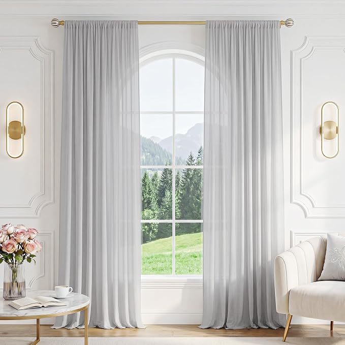 FMFUNCTEX Sheer Non-See-Through Grey Curtains for Bedroom, Faux Silk that Let Light Curtains 84 inches Long Light Filtering Privacy Sheer Window Drapes for Living Room, Rod Pocket 2 Panels Set