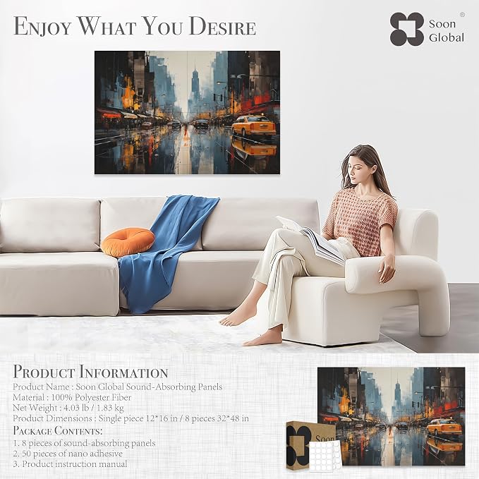 Soon Global 8-Pack Acoustic Panels, Soundproof Wall Panels, 48 X 32 Inches Sound Absorbing Panels, Decorative Acoustical Wall Panels, Acoustic Treatment for Recording Studio, Urban Pulse