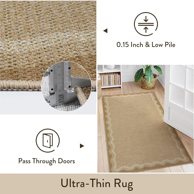 LIVEBOX Scalloped Washable 2x8 Kitchen Runner Rug, Easy Jute Geometric Tan Rug for Hallway Runner Entryway, Indoor Outdoor Non Slip Rugs Farmhouse Modern Carpet Door Mat for Porch Laundry Room