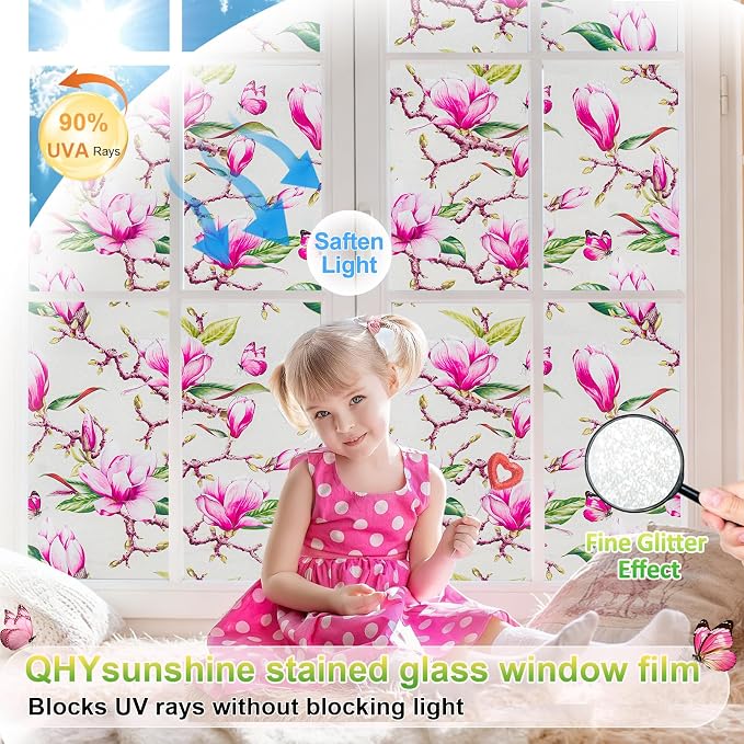 Window Privacy Film Stain Glass Window Film Rainbow Window Film Window clings Non-Adhesive Reusable Decorative for Room (Frosted Magnolia, 35.4 X 78.7 in)