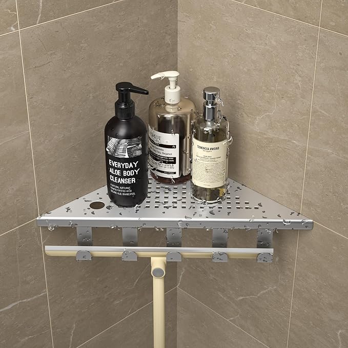 Grout in Shower Shelves with Hooks, 304 Stainless Steel Corner Bathroom Shelf for Tiled Wall (Brushed, 10'' x 10'')